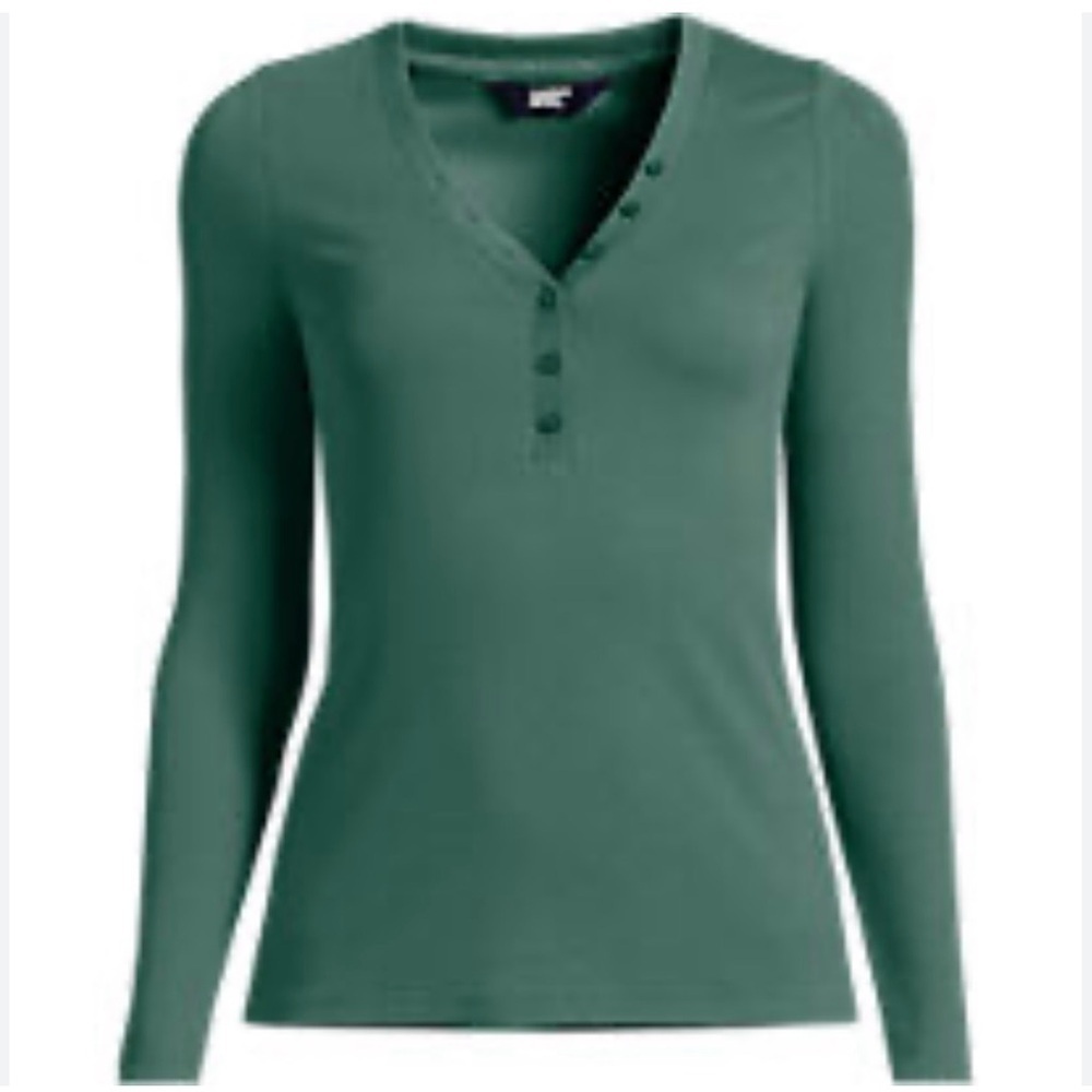 ⚡️Lands End Long-Sleeve V-Neck Button Henley Top - Green